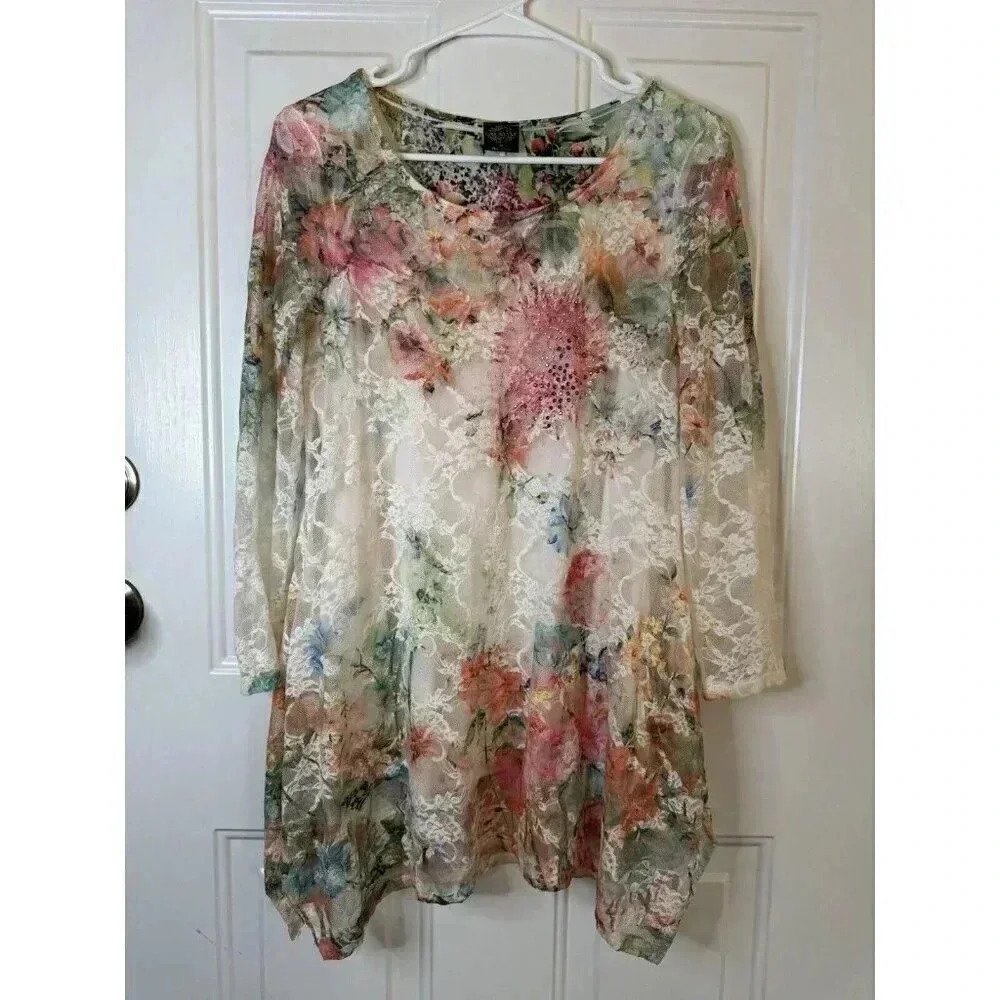 CAL STYLE Vintage Floral Tunic Lace Overlay Multicolored Blouse Top Small Boho